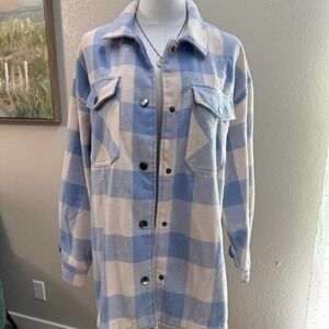 HFX Blue White Buffalo Plaid Flannel Shacket -‎ Size M